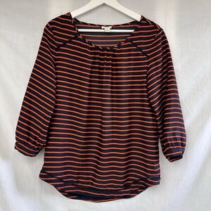 J crew Navy Orange Striped 3/4 sleeve curved hem lace X Small Pullover‎ Top EUC